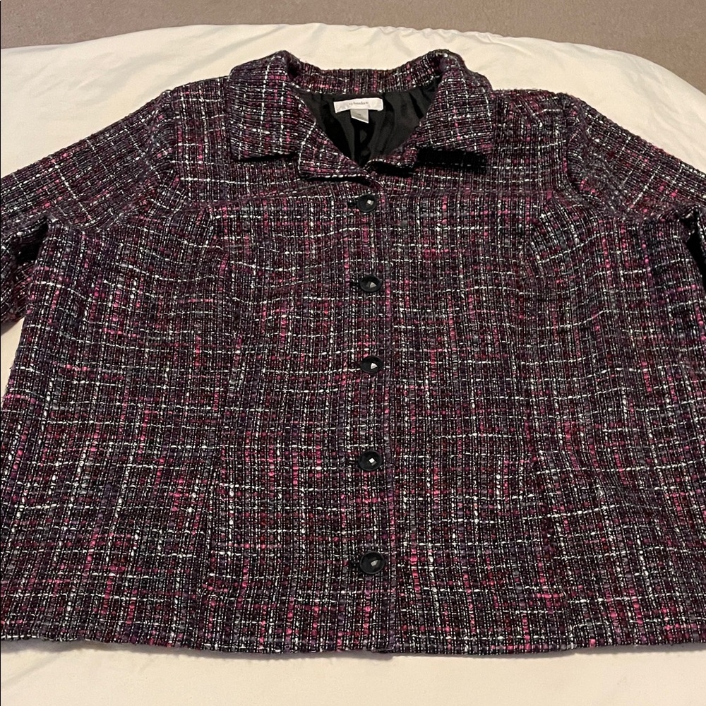 CJ Banks Black and Pink Tweed Blazer across the chest measures 28in